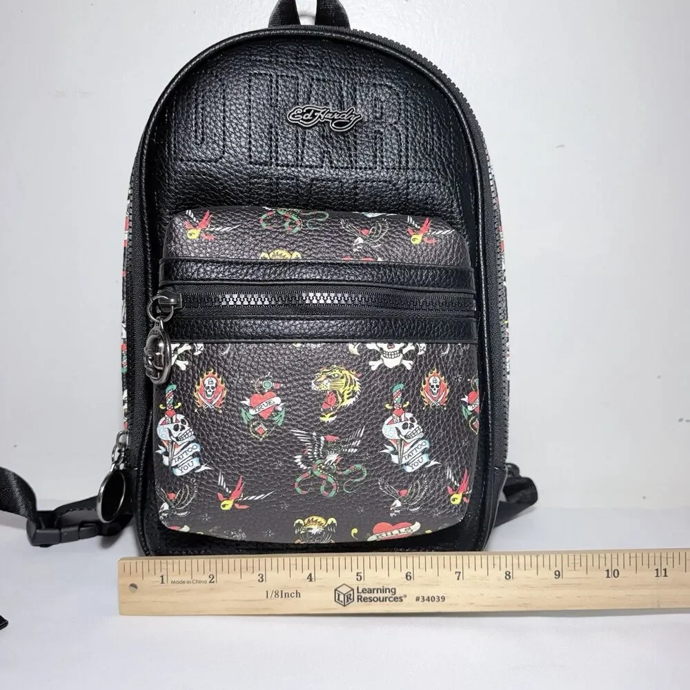 Ed Hardy Black Faux Leather Tattoo Print Mini Backpack/Sling Crossbody Bag NWT